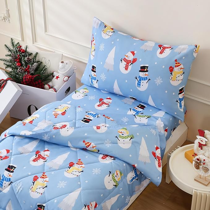 LONAVA Winter Toddler Kids Comforter Set - 4 Pieces Toddler Bedding Sets for Boys Girls Children, Ultra Soft Microfiber Bed in A Bag with Flat Fitted Sheets, Snowman
