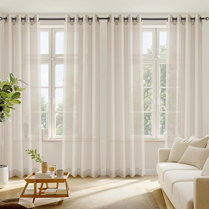 RYB HOME Khaki Sheer Curtains, Light Filtering Extra Long Grommet Top Elegant Window Panels, Airy & Breathable Voile Sheer Drapes for Large Window, Living Room, Bedroom, 54W by 96L, Set of 4