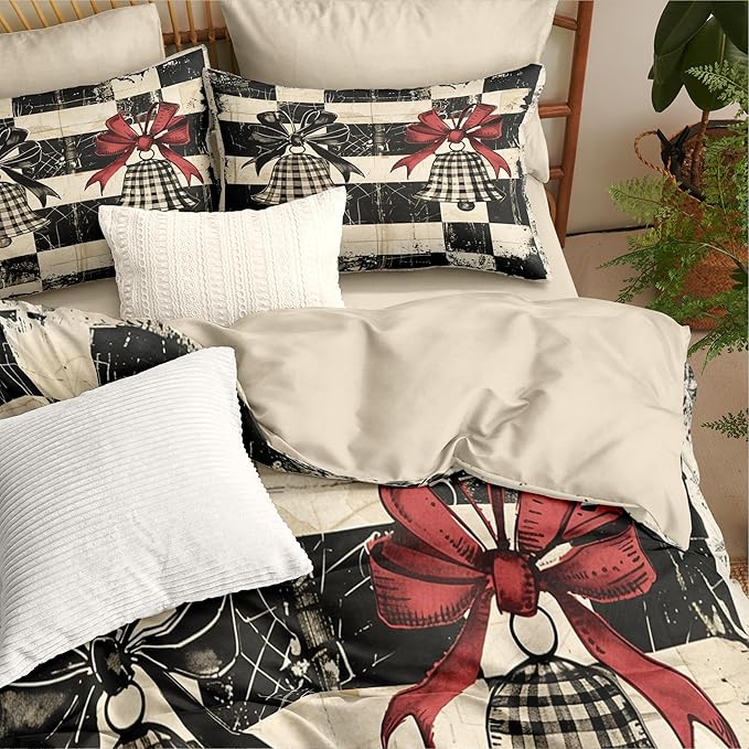Christmas Duvet Cover Twin Size Retro Christmas Bell Gingham Bedding Set Kids Boys Girls Xmas Happy Holiday Checked Pattern Comforter Cover 2 Pcs with Zipper Closure (No Comforter)