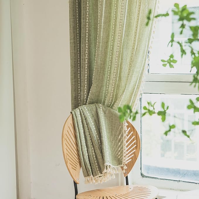 Deeprove Green Boho Curtains 108 Inches Long for Bedroom Living Room, Farmhouse Bohemian Embroidery Hollow Cotton Linen French Rustic Window Treatment Tassel Privacy Drape, W52 x L108 1 Panel