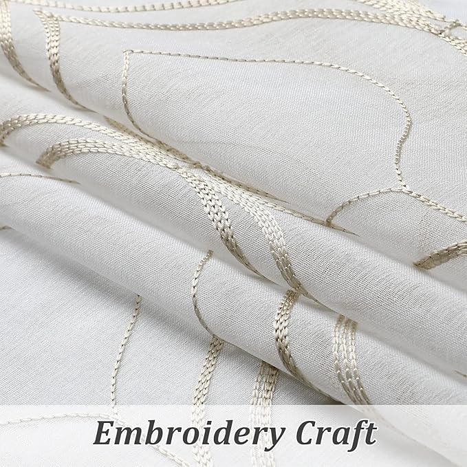 VISIONTEX Moroccan Embroidered White Sheer Curtains Panels, Decor French Textured Rod Pocket Voile Tulle Semi Window Trellis Drapes for Bedroom, Set of 2, 54 x 108 inch, Light Brown