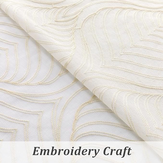 VISIONTEX Sheer Curtains 84 Inches Long 2 Panels Set Beige Moroccan Embroidery Texture Geometric Rod Pocket Ivory White Voile Tulle Semi Window Treatment Pair for Bedroom Living Room 54 x 84 Inches