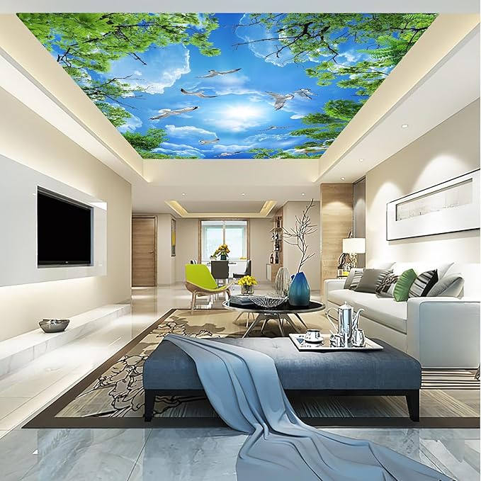 Sky Seagull Green Tree Ceiling 3D Wall Mural Wallpaper 137" x 100"