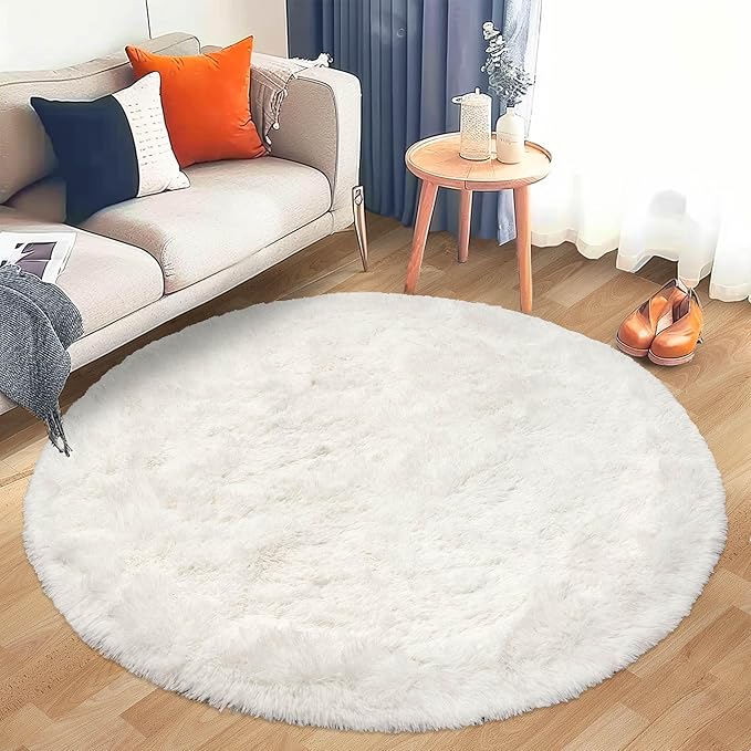 Round Fluffy Cream Rug - 4FT Super Soft Circle Shaggy Plush Fuzzy Furry Carpet for Kids & Nursery