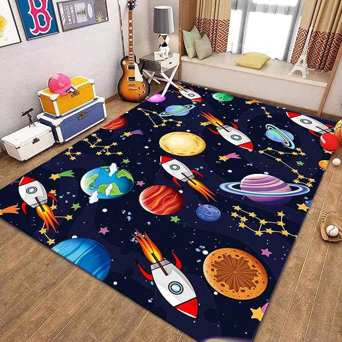 Outer Space Themed Rug,5x7ft,with Cartoon Planets,Stars and Rocket Design Rugs, Suitable for Playroom Bedroom Printed Rug, Non-Slip Machine Washable Carpet, Children's Room Decor