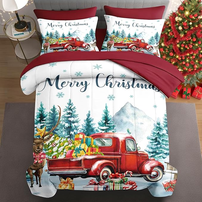 7 Pcs Full Size Christmas Comforter Set with 2 Pillowcases & 2 Shams, Red Vintage Truck Elk Bedding for Kids and Adults, Winter Forest Bed in a Bag with Flat Fitted Sheet