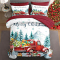 7 Pcs Queen Size Christmas Comforter Set with 2 Pillowcases & 2 Shams, Red Vintage Truck Elk Bedding for Kids and Adults, Winter Forest Bed in a Bag with Flat Fitted Sheet