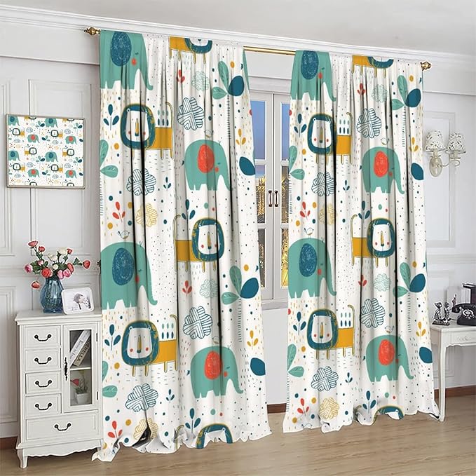 Cute Lions Blackout Curtains for Kids Bedroom,Cartoon Tropical Plants Birds Elephants Print Pattern Window Drapes,Funny Animal Thermal Insulation Curtain for Nursery Baby Room 42x45 Inch