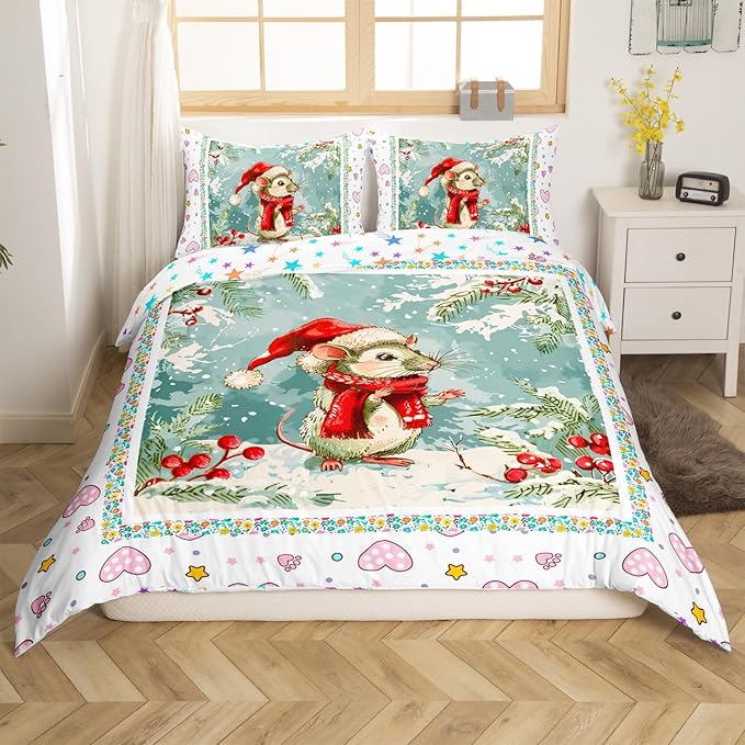 Feelyou Christmas Bedding Set Xmas Tree Snowflake Duvet Cover for Kids Boys Girls Cartoon Mouse Love Print Comforter Cover Cute Animal Bedspread Cover Bedroom Collection 3Pcs King Size,No Comforter