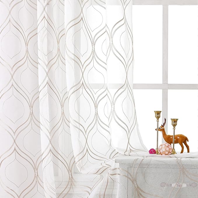 VISIONTEX White Sheer Curtains 95 Inches Long 2 Panels Set Brown Moroccan Embroidered Curtains Trellis French Textured Rod Pocket Voile Tulle Semi Window Drapes for Bedroom Living Room 54 x 95 Inches