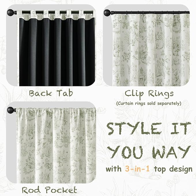 jinchan Blackout Nursery Curtains 72 Inches Long, Bunny Woodland Toile Curtains Sage Green on Beige Animal Printed Drapes for Bedroom Rod Pocket Thermal Insulated Farmhouse Window Treatment 2 Panels
