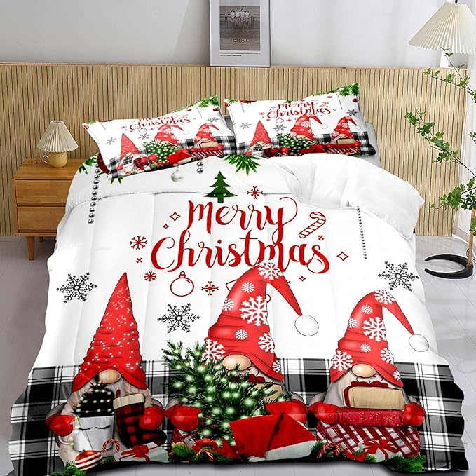 LUVIVIHOME 2PCS Christmas Comforter Set Twin Size, Funny Cute Gnome Bedding, Black & White Plaid Snowflake Xmas Merry Christmas Bedroom Decor for Kids Girls Boys Teens White Quilt, 1 Pillow Case