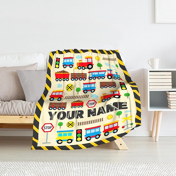 Custom Train Blanket for Train Lovers - 50" x 60" Inches Warm Cozy Throw Blanket Gift - Yellow Cute Throw for Sofa, Work, Living Room
