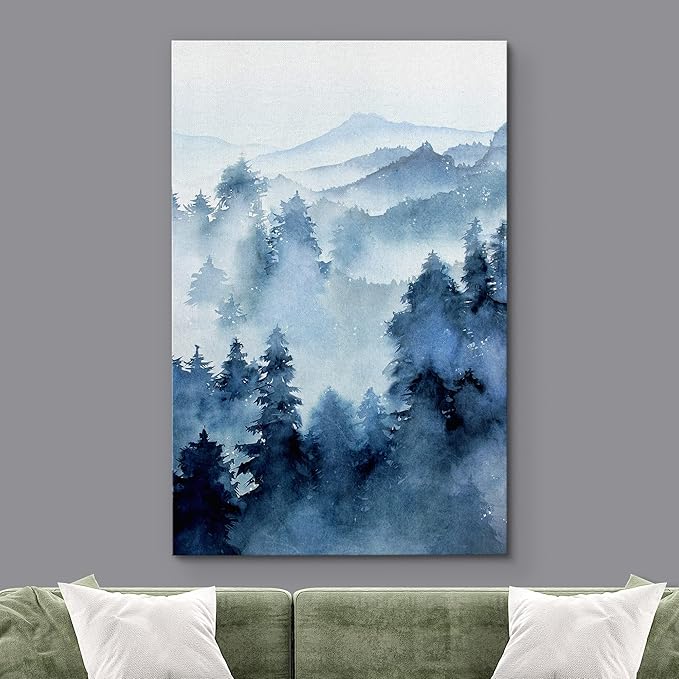 SIGNWIN Canvas Print Wall Art Woodland Nursery Decor Blue Winter Mist Pastel Mountain Forest Nature Illustrations Modern Art Decorative Landscape Colorful for Living Room, Bedroom, Office - 32"x48"