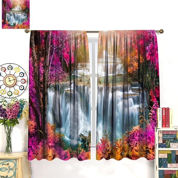 Waterfall Blackout Window Curtains, Nature Landscape Fores Theme Rod Pocket Window Drapes, for Living Room Bedroom 84" W X 84" L
