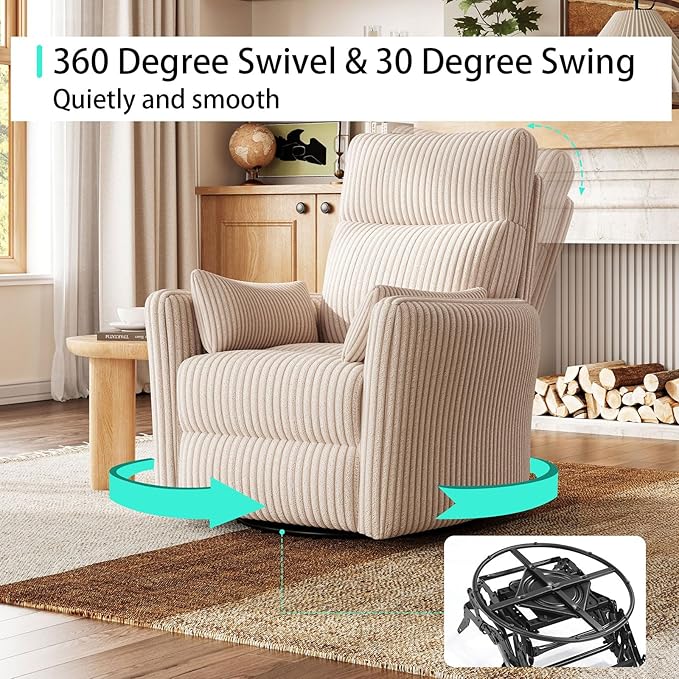 LINSY 360 Swivel Rocker Recliner - Corduroy Nursery Glider Rocking Chair with 2 Pillows, Comfy High Back Adult Recliner for Small Spaces, Nursery Bedroom Living Room Reclining Chairs (Beige)