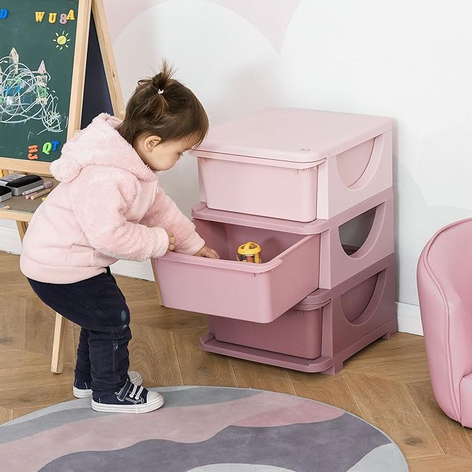 Qaba 3 Tier Kids Storage Unit, 3 Drawer Chest Toy Organizer Plastic Bins for Kids Bedroom Nursery Kindergarten Living Room for Boys Girls Toddlers, Pink