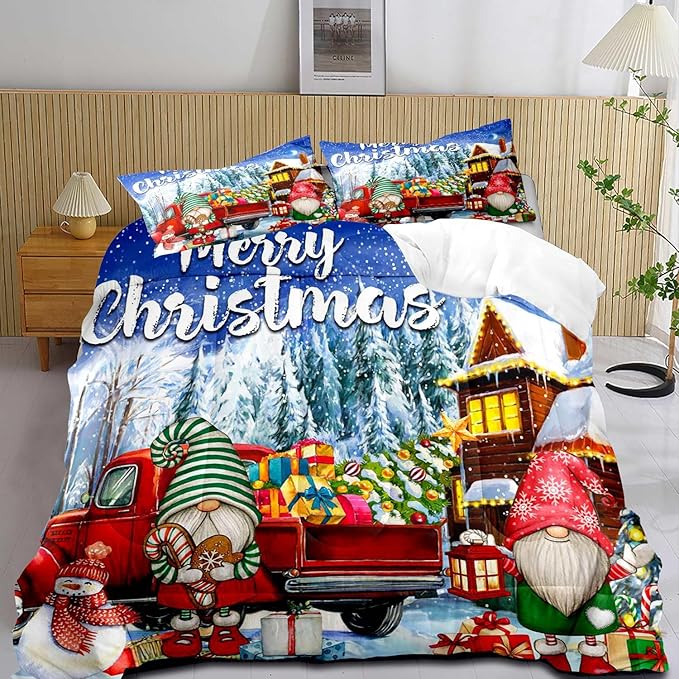LUVIVIHOME 3PCS Merry Christmas Comforter Set King Size, Teens Boys Girls Kids Bedding, Cute Snowman Gnome Red Truck Winter Snowflake Happy New Year Christmas Bedroom Decor, Xmas Gifts, 2 Pillow Shams