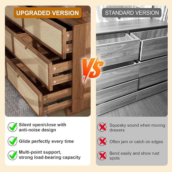 6 Drawer Dresser for Bedroom, 57in Wide Rattan Dresser, Boho Chest of Drawers, Wooden Chest with Clothes Storage Cabinet, Drawer Organizer for Bedroom, Living Room, Hallway, Walnut