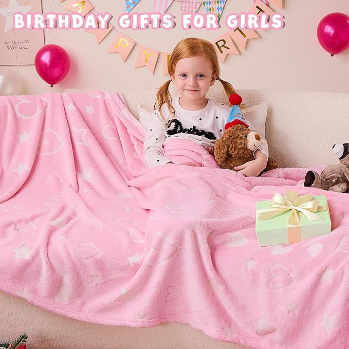 inhand Birthday Gifts Toys for Girl Pink Heart Glow in The Dark Blanket Thanksgiving Throw Blanket Cute Kids Blanket Pink Heart Soft Fleece Throw Blanket for Kids（30x40 Pink ）