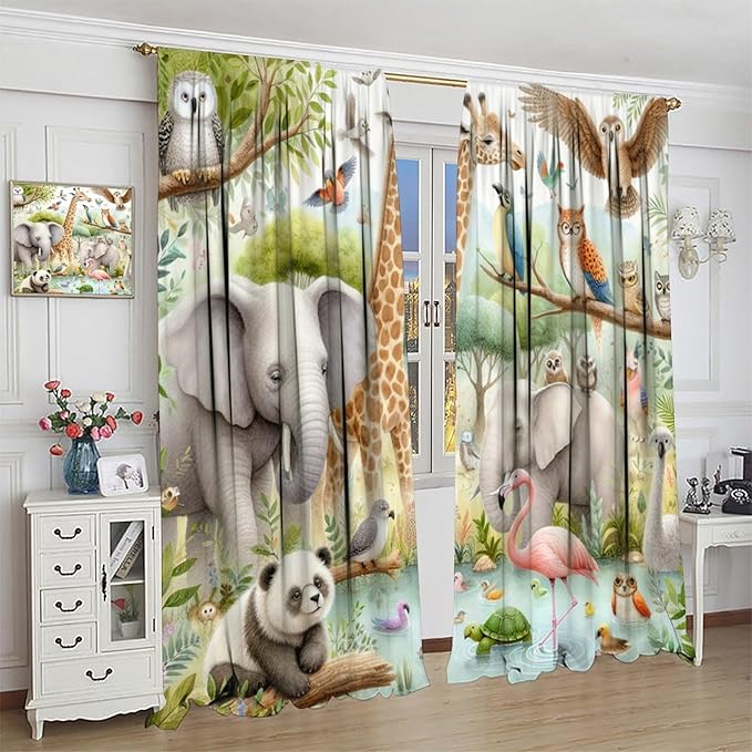Kids Animals Curtain Cartoon Western Wildlife Flamingo Elephant Giraffe Window Treatment for Baby Children Bedroom Living Room 72" W X 63" L