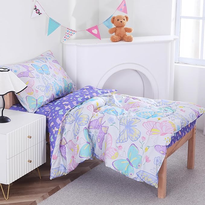 Viviland Colorful Butterfly Toddler Comforter Sets, Cute Girls Toddler Bedding Set, Soft Microfiber Butterflies Toddler Bed Set