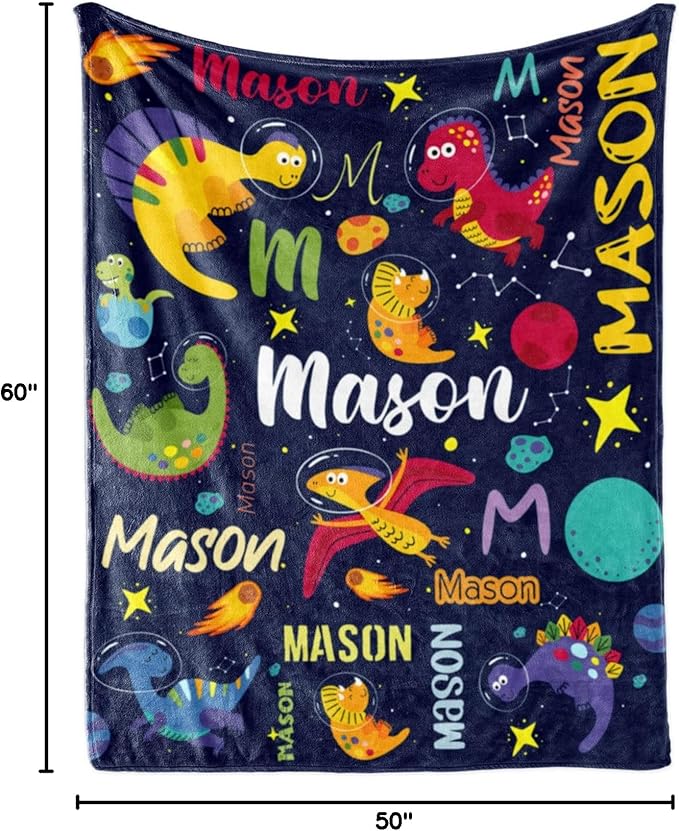 Personalized Dinosaur Blanket for Boys, Custom Name Blanket for Teen Dino Outspace, Soft Flannel Dinosaur Toddler Blanket Customized Gift for Birthday 50"x60"