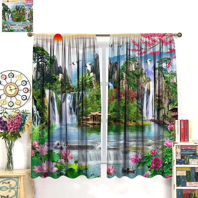 Waterfall Blackout Curtains, Forest Waterfall Rocky Lotus Fish Landscapes Print Window Drapes, for Living Room Bedroom 42" W X 63" L