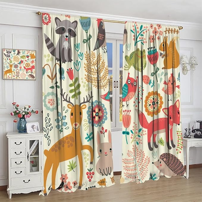 Kids Baby Woodland Blackout Curtains,Forest Animals Plants Cartoon Funny Colorful Deer Fox Owl Pattern Thermal Insulation Window Drapes for Boys Girls Children's Bedroom 42x63in