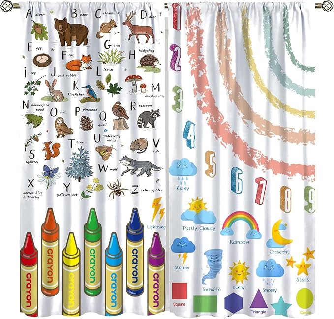 Kids Alphabet Curtain, Funny Cartoon Animal Rainbow Learning, Educational Boys Girls Children Printed Rod Pocket Window Treatments for Bedroom Living Room Nursery Decor 42" W X 45" L