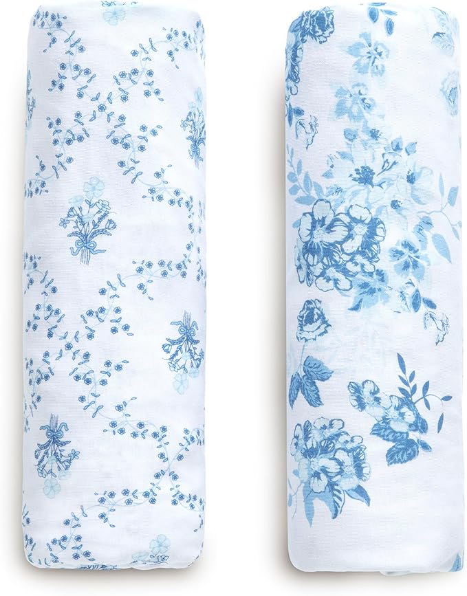Delta Children 100% Organic Cotton Fitted Crib Sheets, Blue Botanicals + 100% Organic Jersey Cotton Baby Receiving Blankets – 30x40 Inches - GOTS Certified (Pack of 2) (Bundle)