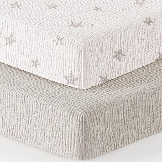 Bearmoss Muslin Mini Crib Sheets for Pack N Play Mattress - 100% Cotton - 38"x26" Soft Breathable Playard Baby Crib Sheets Neutral for Boys Girls - 2 Pack (White Star)