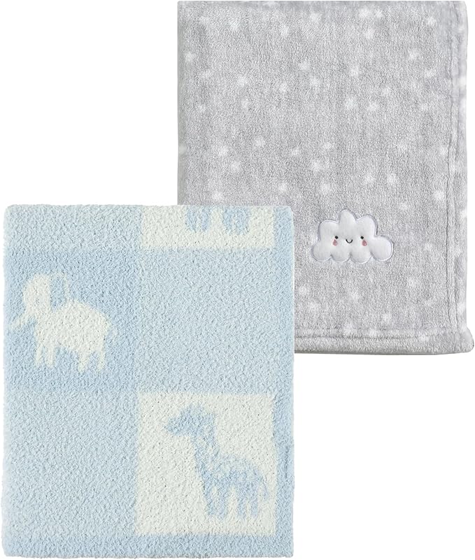 CREVENT 2Pcs 30''X40'' Cute Cozy Fluffy Warm Baby Blankets for Infants Toddlers' Bedding Crib Cot Stroller - Grey Cloud + Knit Animal Blue