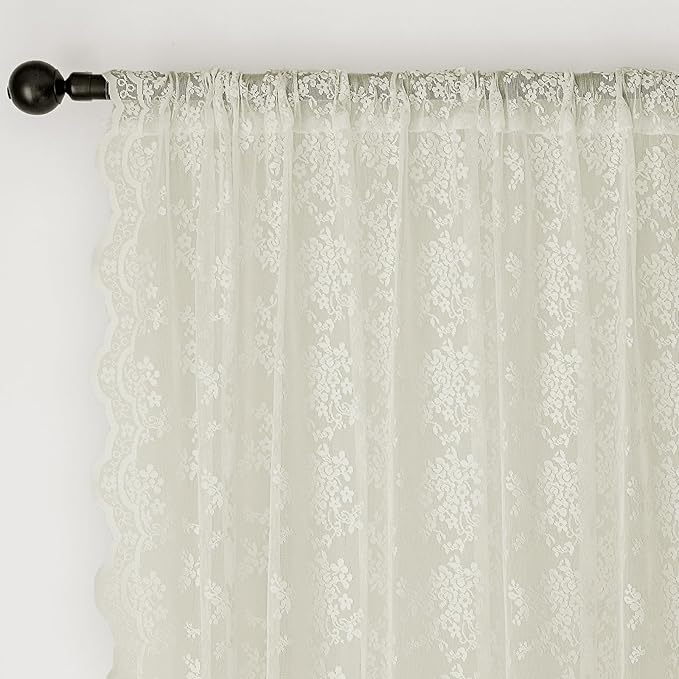 Anmao Vintage Lace Curtains 45 Inches Long 2 Panels Set, Romantic Elegant Light Filtering Semi Sheer Floral Thick Lacy Curtain Drapes for Living Room and Bedroom, Each Panel 55W x 45L, Ivory