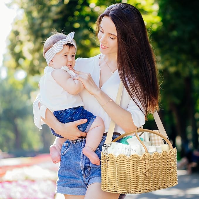 Baby Diaper Caddy Organizer Crafted Scalloped Rattan Basket with Shoulder Strap and Removable Divider Diaper Caddy Basket for Baby Shower Gifts Newborn