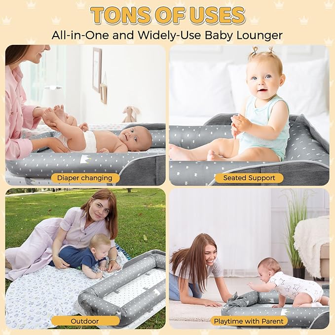 Baby Lounger for Newborn 0-24 Months, Snuggle Cozy Me Portable Infant Lounger with Soft Breathable Cotton, Adjustable Size Lengthen Space Lightweight & Washable Essentials for Home Travel (1. Crown)