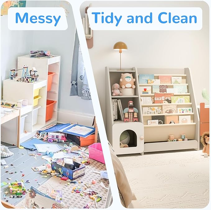 FKWin Kids Bookshelf, Kids Toy Storage Organizer, Baby Storage Book Rack, 4 Tier Kids Wooden Bookshelves, 5 Layer Sling Bookcase for Playroom, Bedroom, Living Room, Kids Room, Nursery, School (Gray)