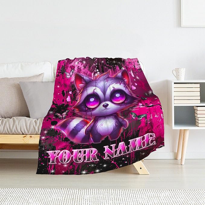 Personalized Raccoon Gifts for Girls - Kids Blanket for Animal Lovers - 40" x 50" Fluffy Plush Gothic Throw for Sofa, Travel