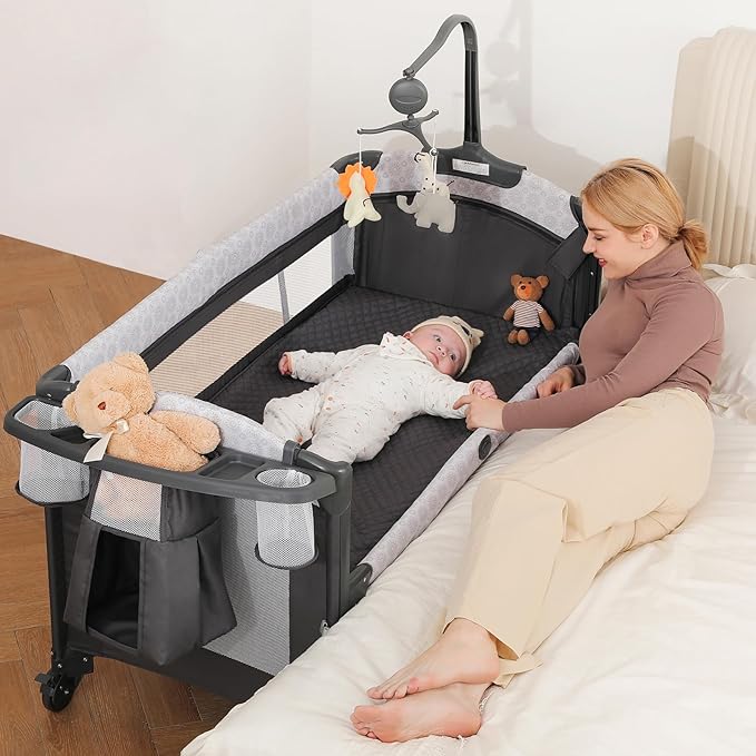 ELEMARA 4 in 1 Wide Baby Bassinet Bedside with Diaper Changer,Long Next to Bed Crib with Mattress,Sheet,Music and Blackout Cover,Playpen Travel Bed with Storage,XL Co Sleeper with 3 Adjustable Height