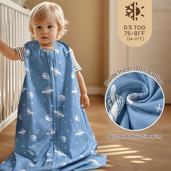 PHF Soft Baby Sleep Sack 0-6 Months 100% Organic Cotton Wearable Blanket, 2-Way Zipper 0.5 TOG Toddler Sleeping Sack 3 Pack, Comfy Sleep Bag for Baby Boys Girls, Navy Space (Small)