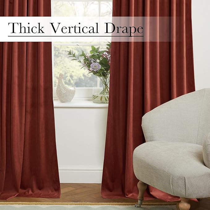StangH Red Velvet Curtains 108 inches for Living Room, Rust Extra Long Back Tab Home Theater Drapes Room Darkening for Sliding Door/Bedroom, W52 x L108, 2 Panels