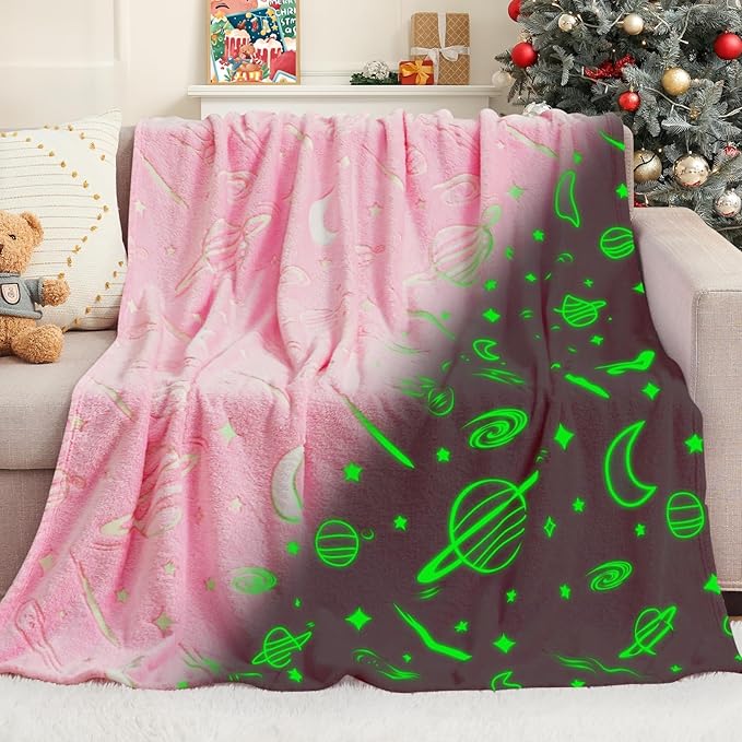 inhand Pink Blanket Girl Room Decor Glow in The Dark Soft Cute Space Star Moon Galaxy Blanket for Kids Birthday Gifts Planet Toys for 3,4,5,6,7,8,9,10,11,12 Years Old (40''x60'' Pink)