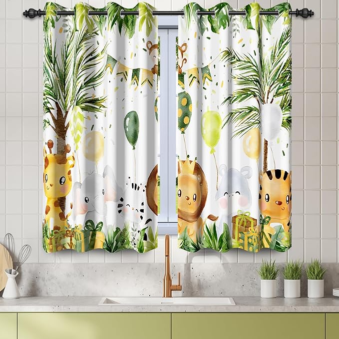 Renaiss 42 x 45 Inch Rainforest Safari Animal Curtains African Jungle Tropical Lions Tigers Elephants Giraffes Palm Trees Pattern Polyester Fabric Grommet Window Drapes for Nursery Bedroom 2 Panels
