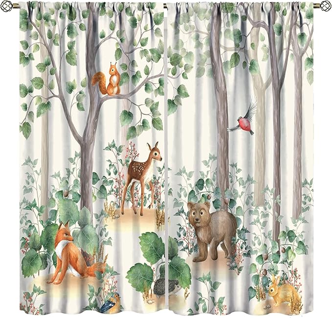 Forest Animal Curtains,Fox Elk Bird Animal Watercolor Woodland Print Curtains Kids Nursery Bedroom Living Room Home Decoration 84x84in