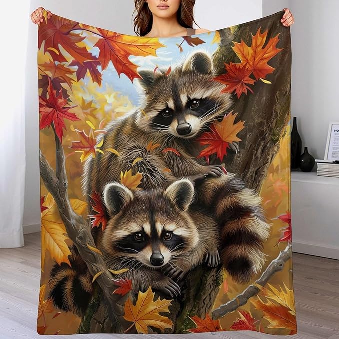 Raccoon Blanket Funny Raccoons Gifts for Girls Boys Woman Kids Raccoon Lover Maple Leaf Throw Blankets Soft Blanket Warm Fleece Flannel Plush Blankets for Bed Sofa Couch 50"x60"