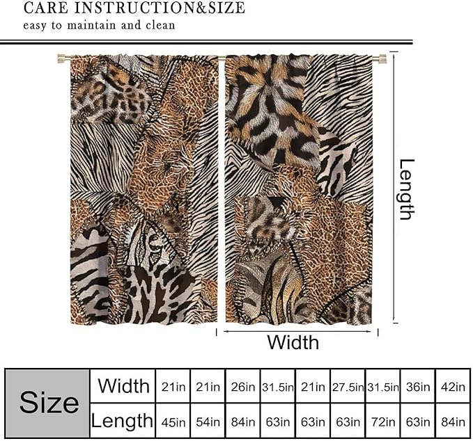 Leopard Print Curtains, Brown Wild Cheetah Zebra Animal Fur Farmhouse Window Curtains for Bedroom Kitchen Living Room 63" W X 63" L