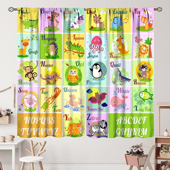 Kids Alphabet Letter Curtains Funny Education School Cute Cartoon Animal Printed Curtain with Rod Pocket for Bedroom Living Room Home Drapes Window Treatments 2 Panels Set 72" W X 63" L
