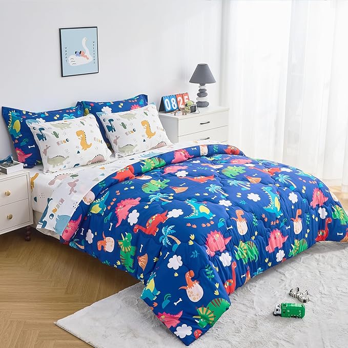 Wajade 7 Piece Kid Boys Dinosaur Comforter Set Full Size 3D Blue Dinosaur Wild Park Jungle Print Bedding Set with Comforter, Sheet Set, Pillowcase and Sham