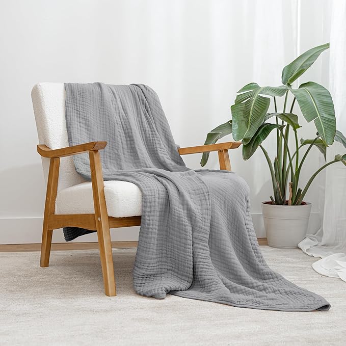 Comfy Cubs Muslin Throw Blanket - 50” x 60” Quilted Design - Lightweight, Breathable 6-Layer Gauze Fabric - Soft Cotton Blanket for Home or Travel - Packaged in Elegant Gift Box - Heather Blue