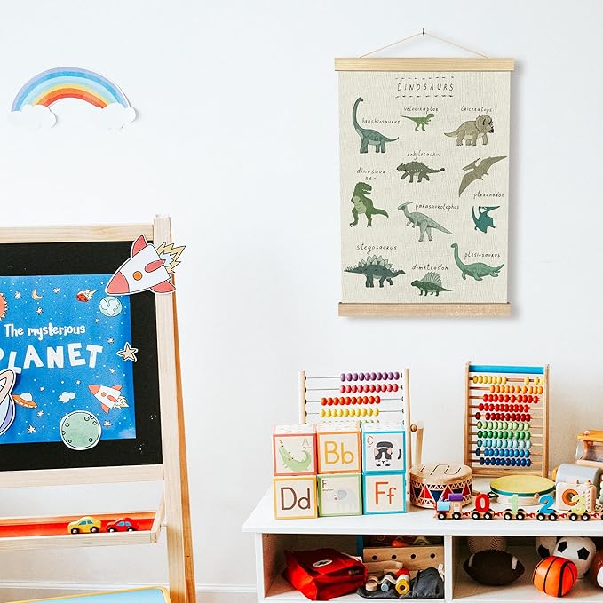 BCUANGD Dinosaur Dino Wall Decor - Baby Toddler Boys Room Wall Art Poster Hanger with Wood Frames, Inspirational Wall Hanging Canvas Decor for Kids Room Nursery Bedroom, 16x24 Inches